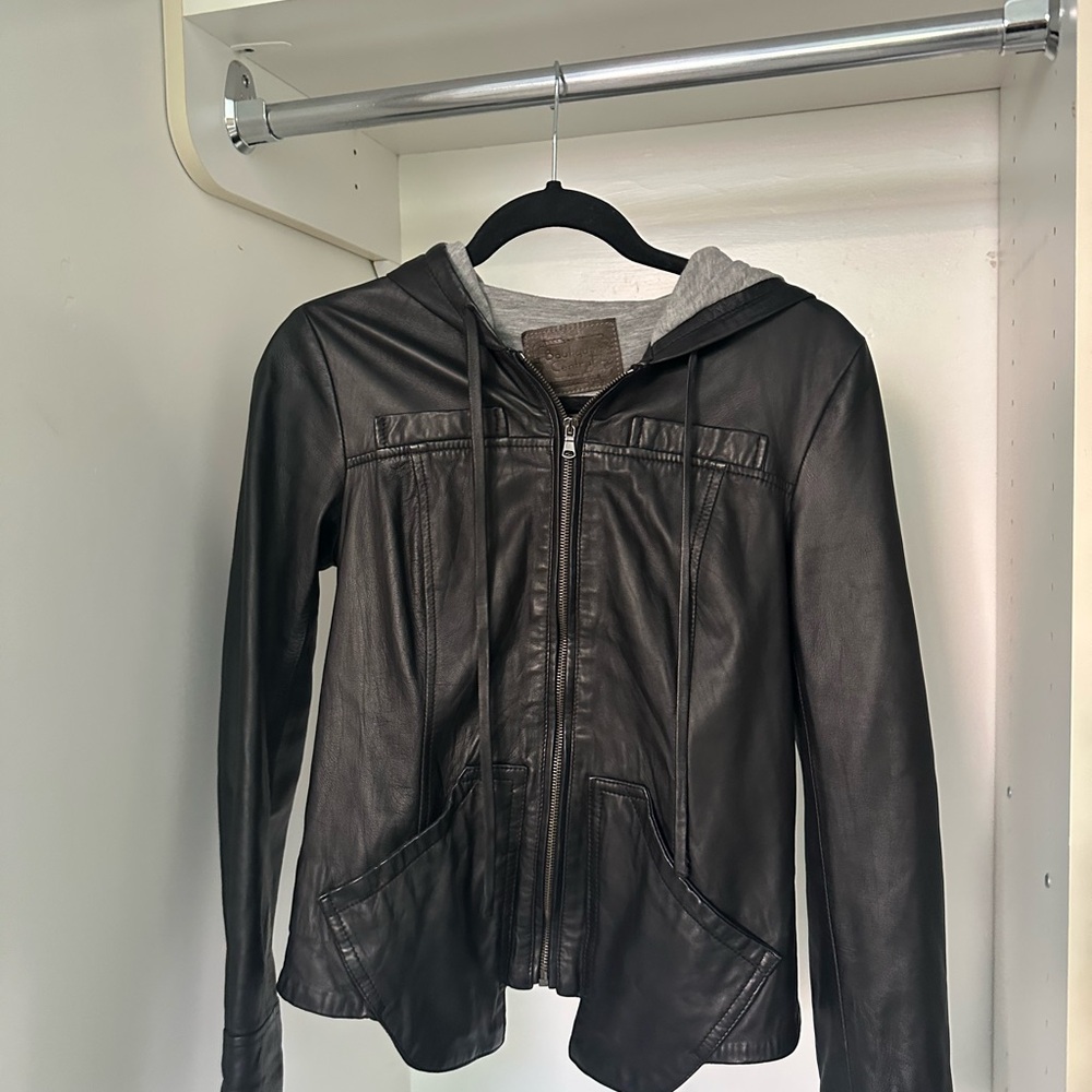 Vintage Black Italian Leather Hooded Jacket with Gray Lining
